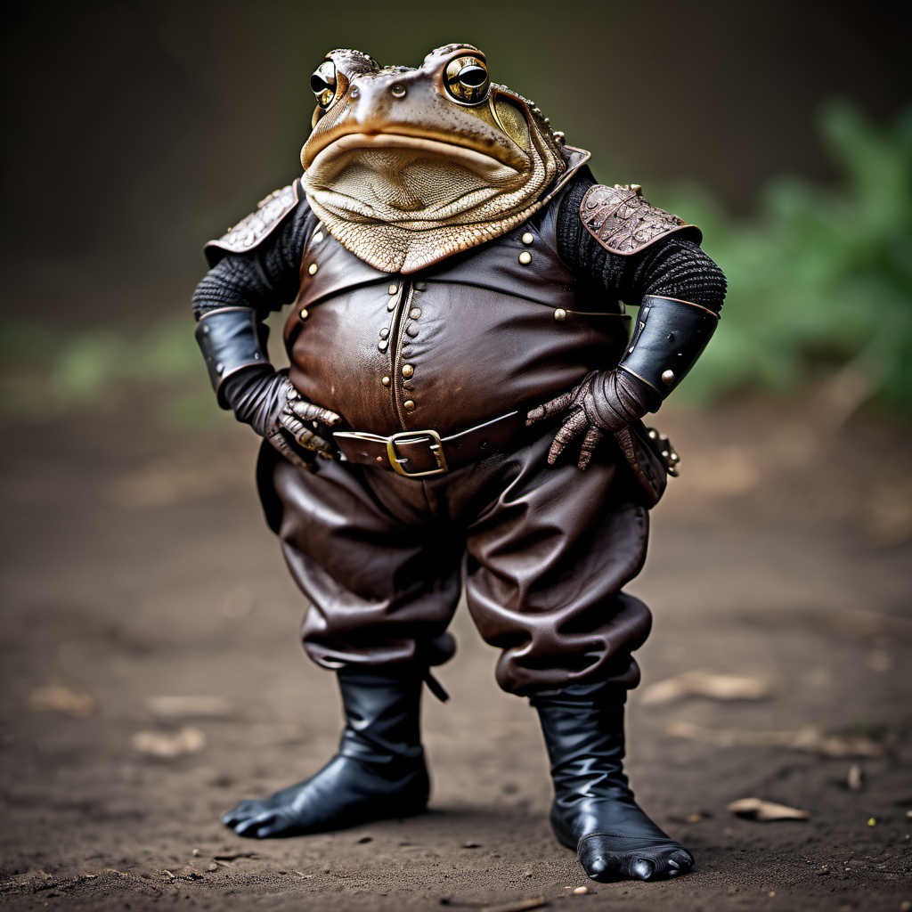 00043-A Toad standing and wearing medieval leather pants, hyperdetailed photograph, portrait photograph, best quality.png